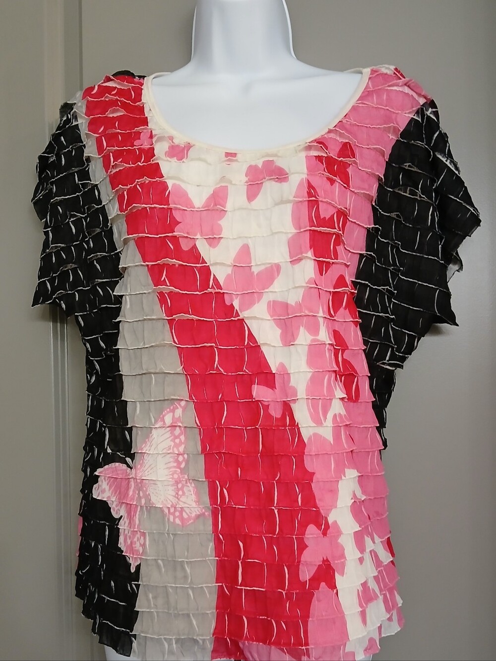 Elegant Women's Pink & Black Butterfly Ruffle Top EUC PXL
